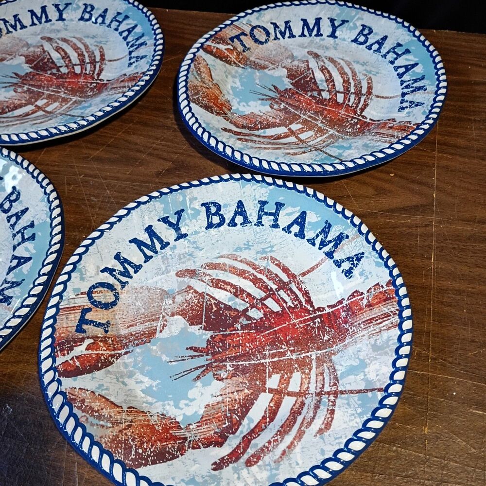 Tommy Bahama Lobster Melamine Dinner Plate Blue Rope Rim Red Lobster Set of 4 - Picture 3 of 3